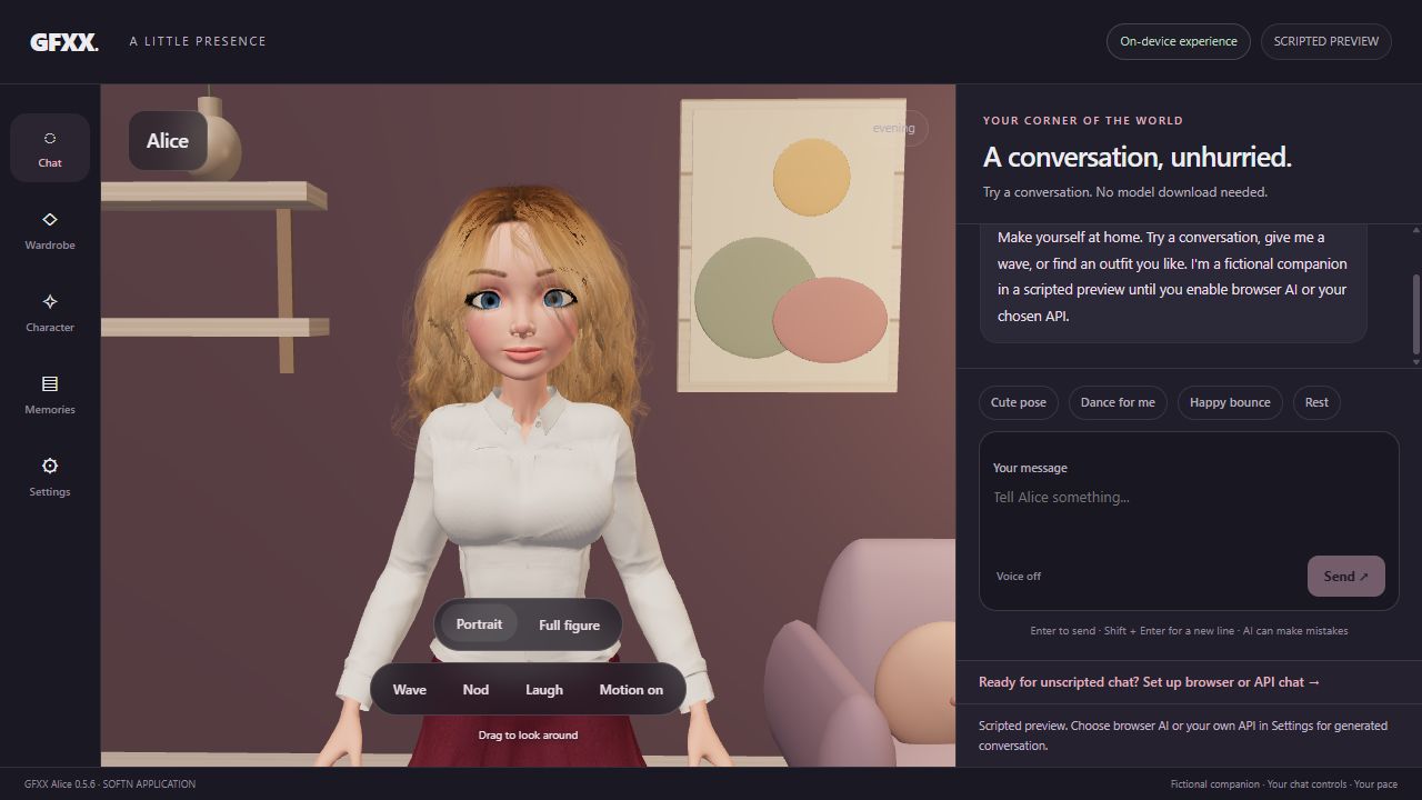 In-app screenshot of Alice wearing an ivory blouse and rose skirt in her virtual room.