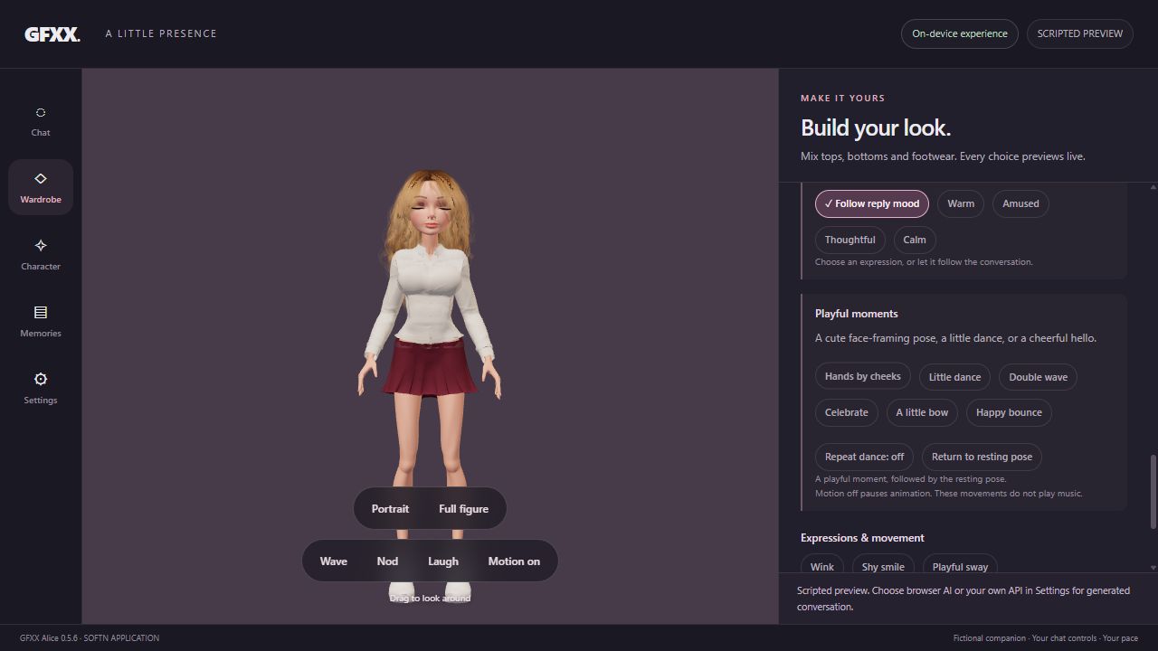 Alice, fully clothed, beside the expression and animation controls in GFXX.