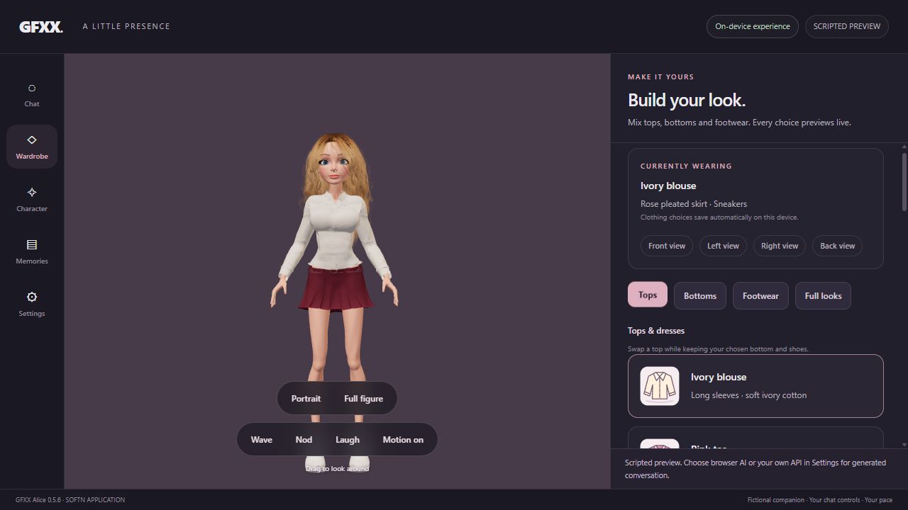The GFXX wardrobe with illustrated clothing choices and a fully clothed avatar preview.